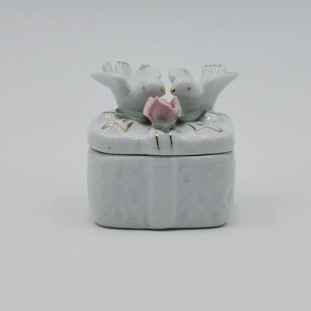 Porcelain Trinket Box Love Birds Pink Rose Gold Trim Square Ring Holder China